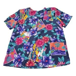 SG Sport Womens Small 6/8 Floral Tropical Blouse Made USA Short Sleeve Colorful